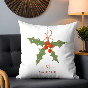 Monogram Name Christmas Holly Winter Floral Cushion