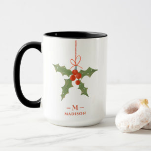 Monogram Name Christmas Holly Winter Floral Mug