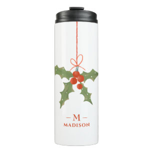 Monogram Name Christmas Holly Winter Floral Thermal Tumbler