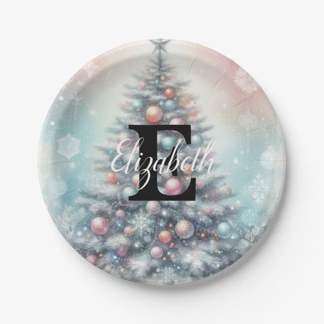 Monogram name Christmas tree floral watercolor Paper Plate (Front)