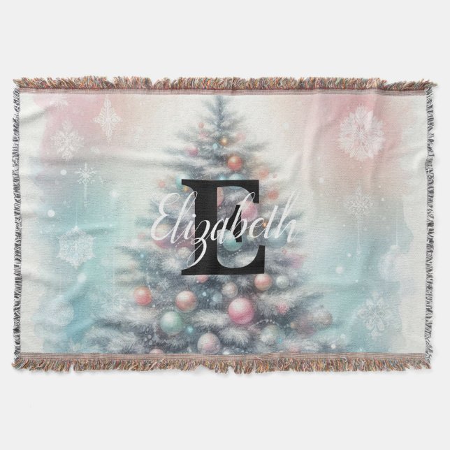 Monogram name Christmas tree floral watercolor Throw Blanket (Front)