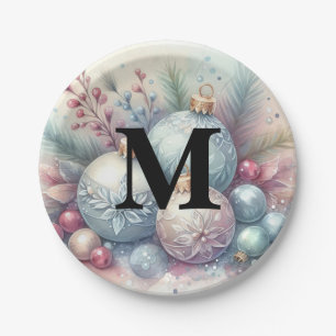 Monogram name Christmas tree ornaments watercolor  Paper Plate