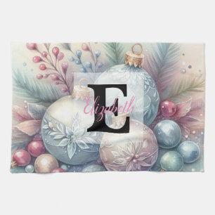 Monogram name Christmas tree ornaments watercolor Tea Towel
