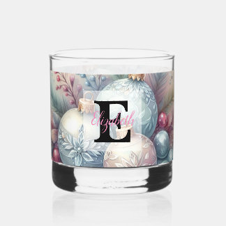 Monogram name Christmas tree ornaments watercolor Whiskey Glass