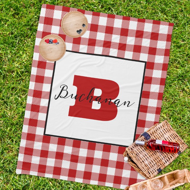 Monogram Name Classic Red Picnic Fleece Blanket (Classic picnic blanket custom monogram initial name red gingham pattern fleece blanket traditional)