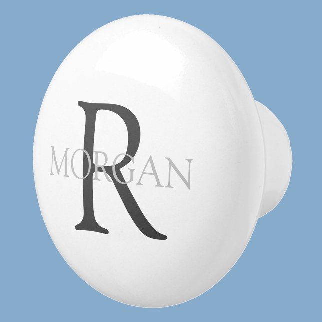 Monogram & Name, Classic White with Grey Text Ceramic Knob (Creator Uploaded)