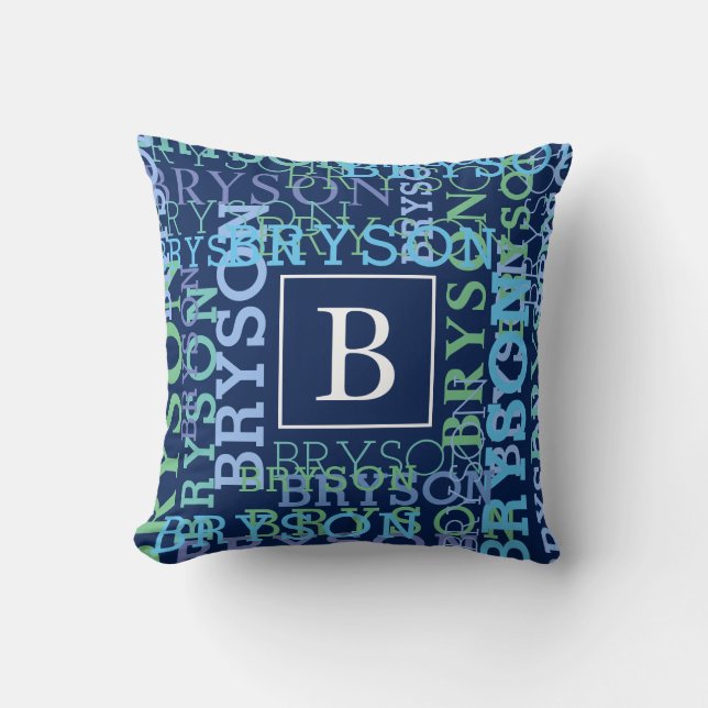 Monogram Name Cluster Blue Cushion (Front)