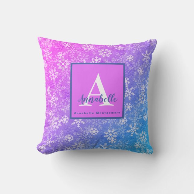 Monogram/Name Colorful Snowflake Pink Purple Blue Cushion (Front)