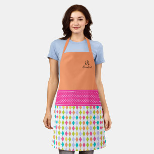 Monogram Name Colourful Diamond Pattern Apron