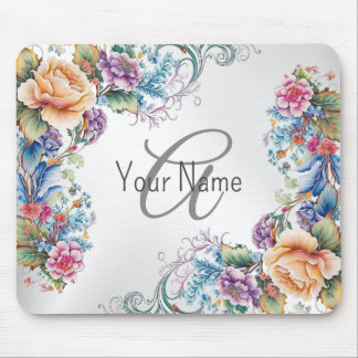 Monogram Name Colourful Floral Frame Elegant Moder Mouse Pad