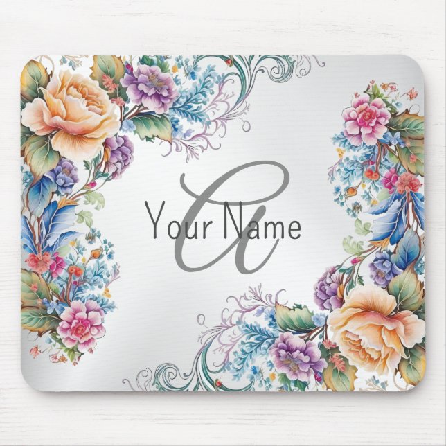 Monogram Name Colourful Floral Frame Elegant Moder Mouse Pad (Front)