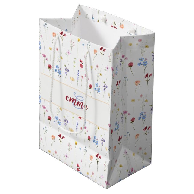 Monogram Name Colourful Garden Wildflower Pattern  Medium Gift Bag (Front Angled)