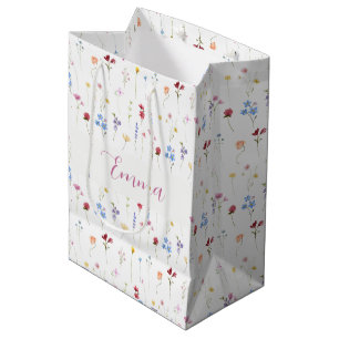 Monogram Name Colourful Garden Wildflower Pattern Medium Gift Bag