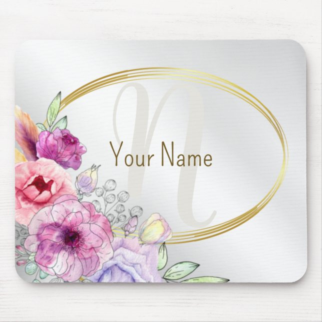 Monogram Name Colourful Pink Floral Golden Frame Mouse Pad (Front)