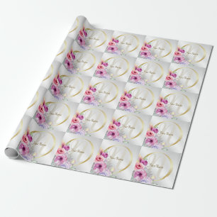 Monogram Name Colourful Pink Floral Golden Frame Wrapping Paper