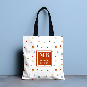 Monogram Name Colourful Watercolor Chic Polka Dot Tote Bag