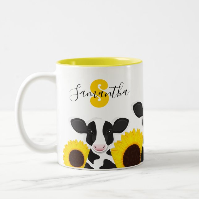 Monogram Name Cow Floral Sunflower Two-Tone Coffee Mug (Left)