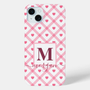Monogram name Cute Girly Pink Heart  iPhone 15 Mini Case