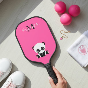 Monogram Name Cute Panda Simple Pink Pickleball Paddle