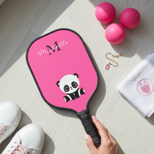 Monogram Name Cute Panda Simple Pink Pickleball Paddle (Creator Uploaded)