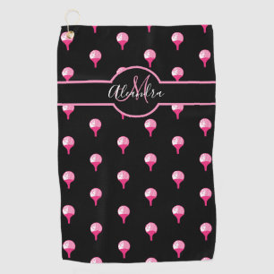 Monogram name Cute Pink Golf Ball on Tee  Black Towel