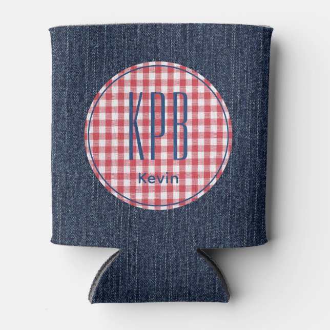 Monogram Name Dark Blue Denim Print Gingham Check Can Cooler (Front)
