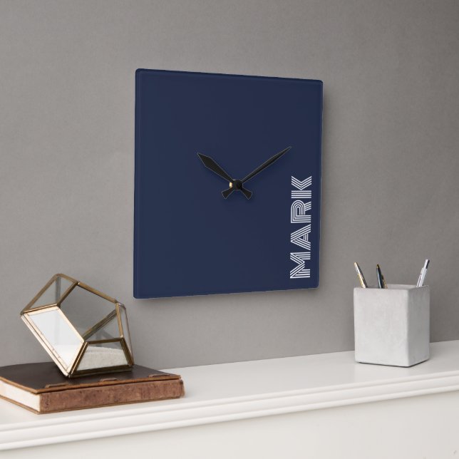 Monogram Name Dark Blue White Modern Stripes Square Wall Clock (Office)