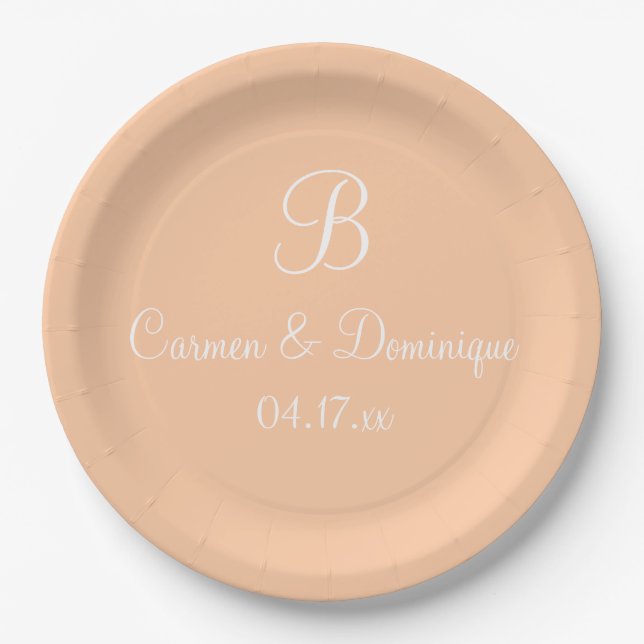 Monogram Name Date Deep Peach Paper Plate (Front)