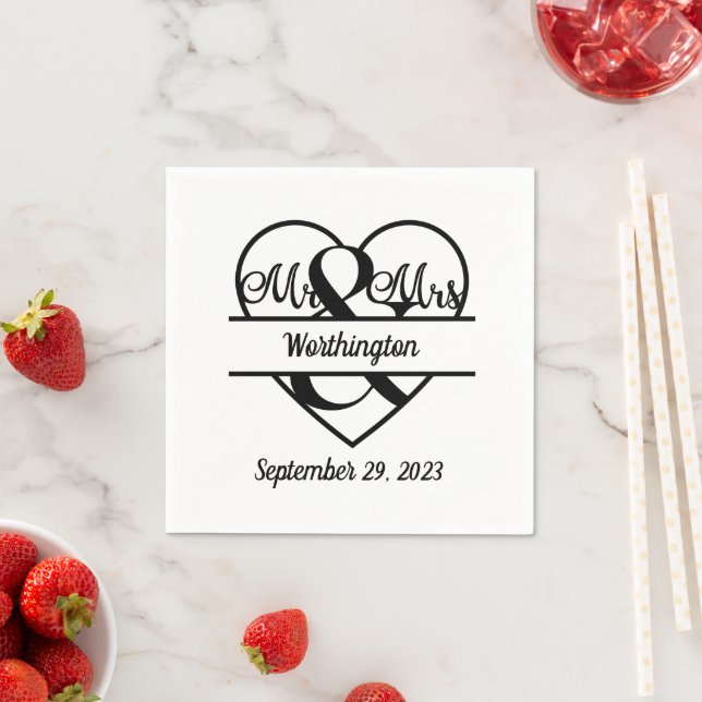 Monogram Name Date Heart Wedding Napkin (Insitu)