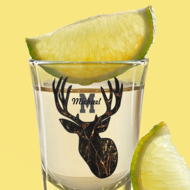 Monogram Name Deer Camo Hunting Men Sports Outdoor Shot Glass (Creator Uploaded)