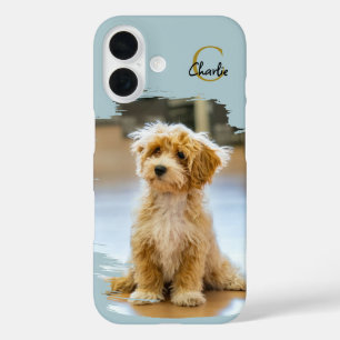 Monogram Name Dog Photo Pastel Blue Minimalist  iPhone 16 Case