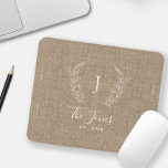 Monogram name elegant chic personalised mouse pad<br><div class="desc">Custom white botanical monogram and family name modern elegant chic rustic stylish dark beige burlap personalised mousepad.         A modern gift for weddings,  anniversaries,  Thanksgiving,  Christmas,  or any other occasion.</div>