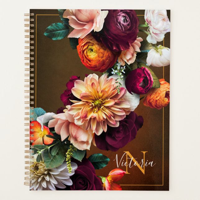 Monogram Name Elegant Floral Botanical Rustic Planner (Front)