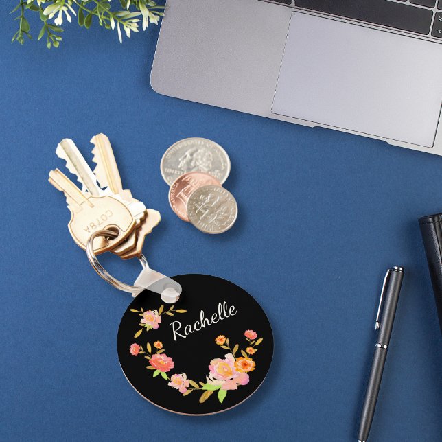 Monogram Name Elegant Floral Flowers Key Ring (Creator Uploaded)