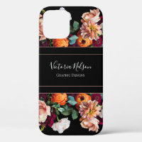 Monogram Name Elegant Floral Rustic Black
