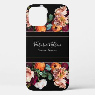 Monogram Name Elegant Floral Rustic Black iPhone 12 Case