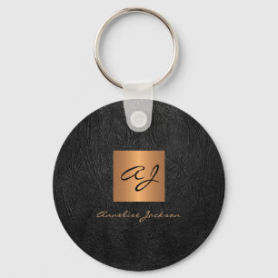 Monogram name elegant modern black gold  key ring
