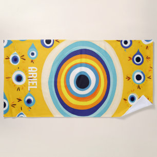 Monogram Name Evil Eye Colourful Retro Beach Towel