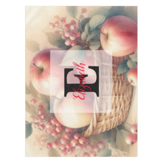 Monogram name Fall leaves and apples watercolor Tablecloth