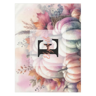 Monogram name Fall pumpkins in pastels watercolor Tablecloth