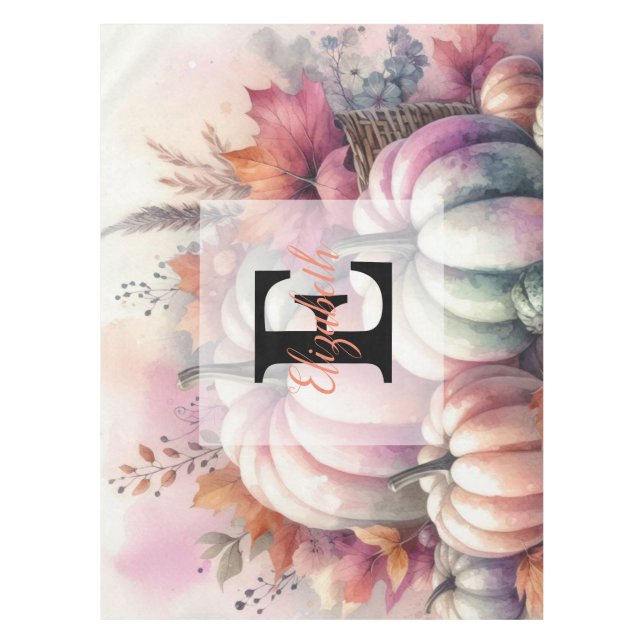 Monogram name Fall pumpkins in pastels watercolor  Tablecloth (Front)