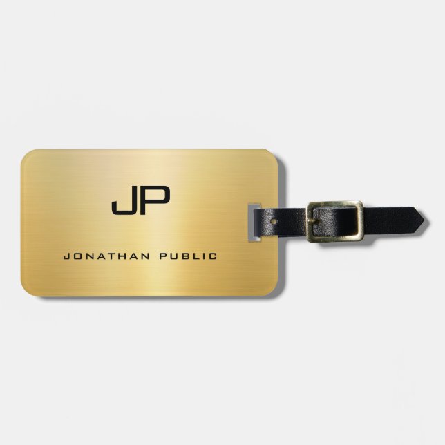 Monogram Name Faux Gold Glamour Template Modern Luggage Tag (Front Horizontal)