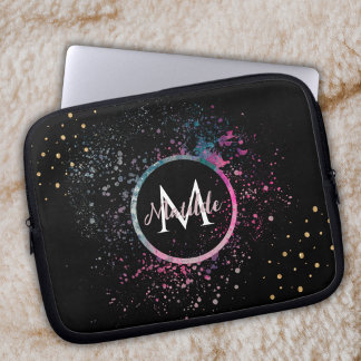 Monogram Name Faux Gold Glitter Girly Glam Black Laptop Sleeve
