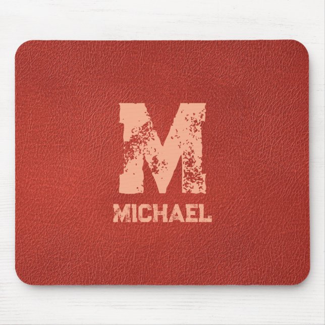 Monogram Name Faux Leather Look Distressed Text Mouse Pad (Front)