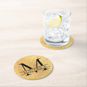 Monogram Name Faux Natural Wood Texture Round Paper Coaster
