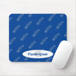 Monogram Name Feathers Pattern White Blue Modern Mouse Pad