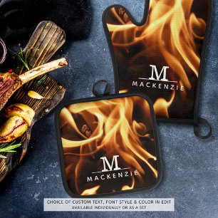 Monogram Name Fire Flames Oven Mitt & Pot Holder Set