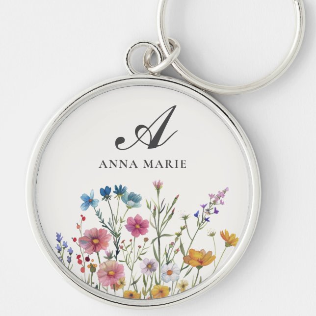 Monogram Name Floral Boho Chic Key Ring (Front)