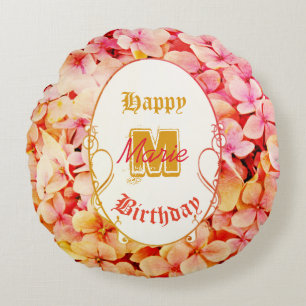 Monogram Name Floral Elegant 21st Happy Birthday Round Cushion