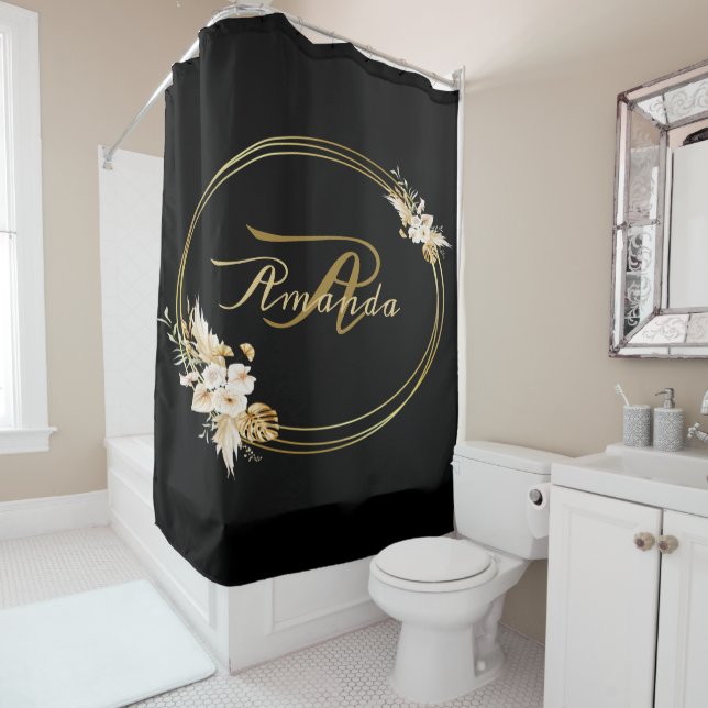 Monogram Name Floral Golden Black Elegant Trendy Shower Curtain (In Situ)